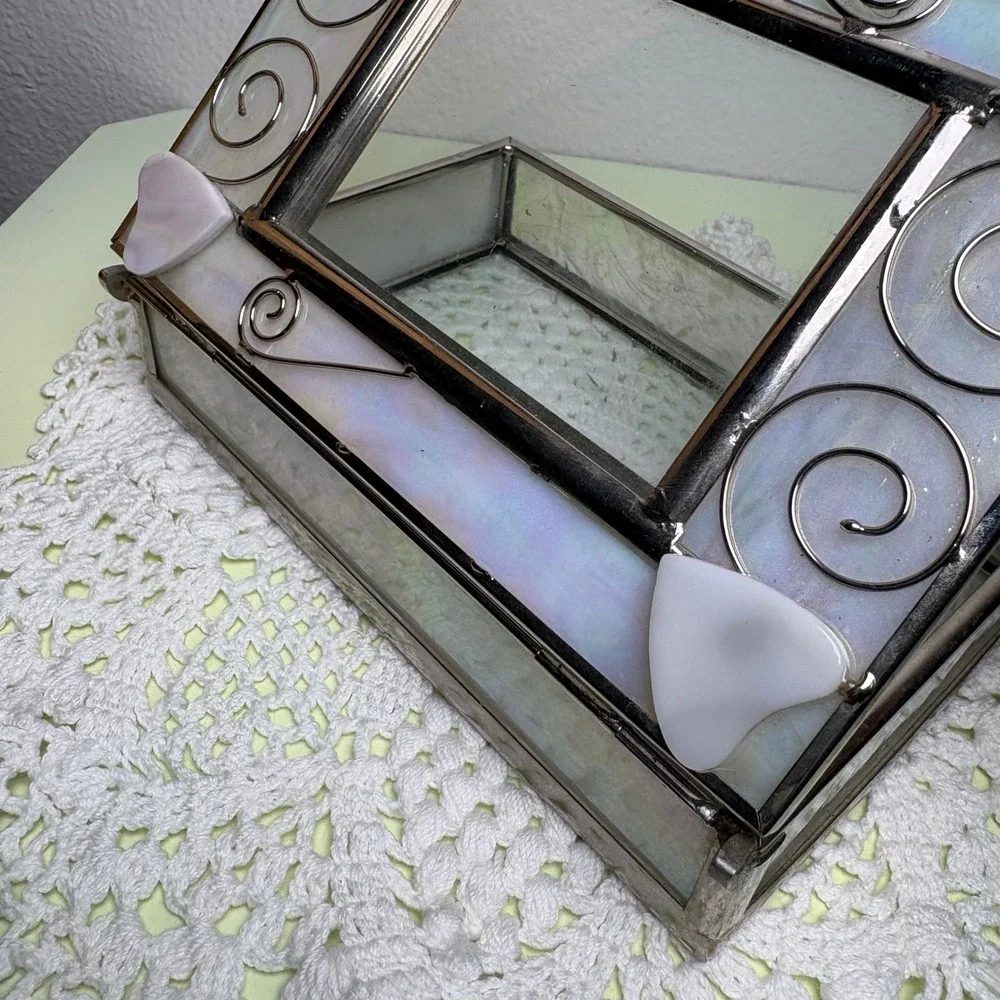 Vintage White Rectangular Jewelry Box Iridescent Hearts Stained Glass